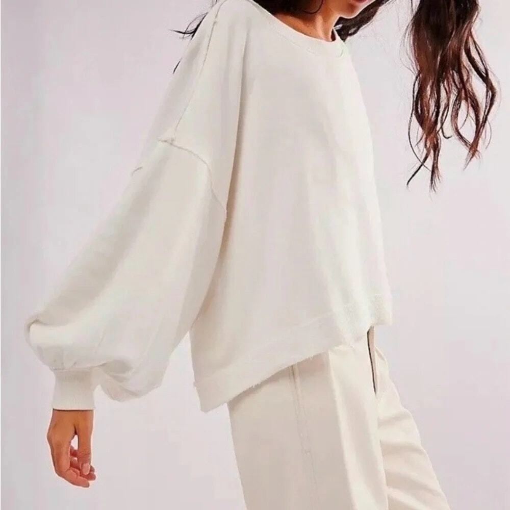 S  Free People Trish Pullover Balloon Sleeve Sweatshirt top white women's